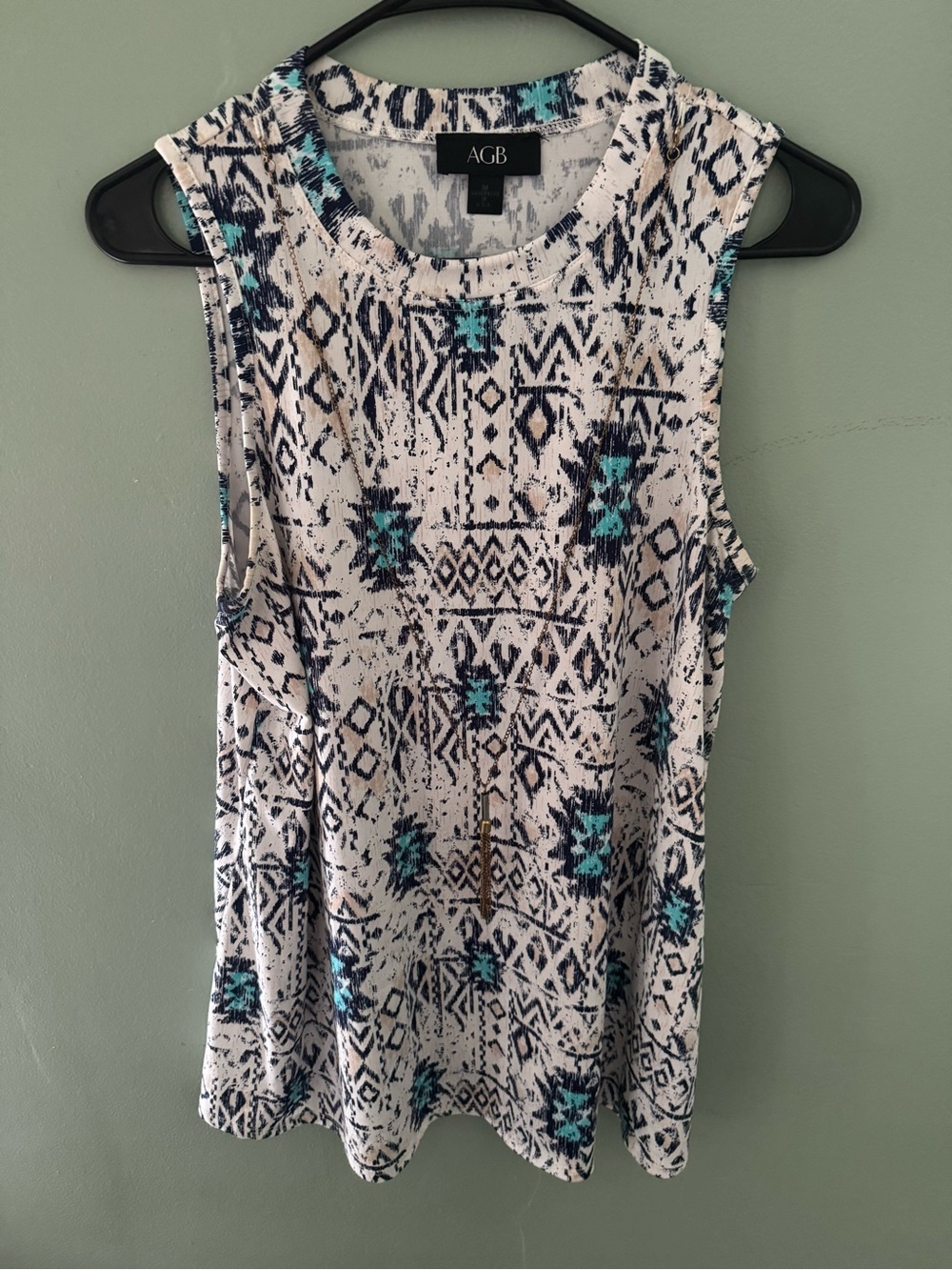 AGB White Tribal Print Tank with Teal Accents